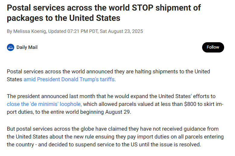 Postal services across the world STOP shipment of packages to the United States over tariff 'confusion'